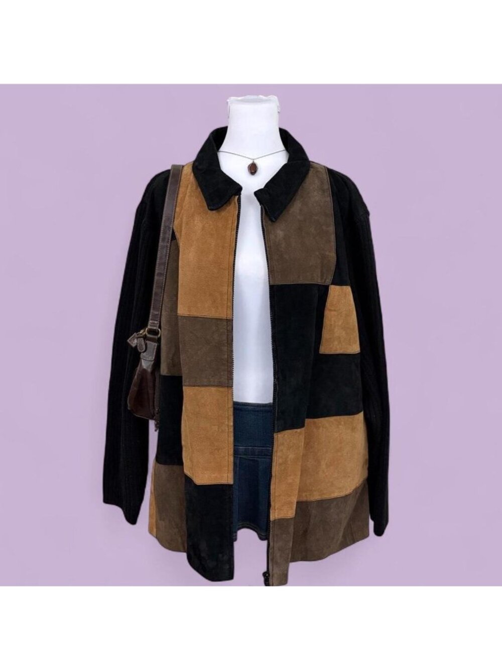 90s suede patchwork plus size boho jacket
